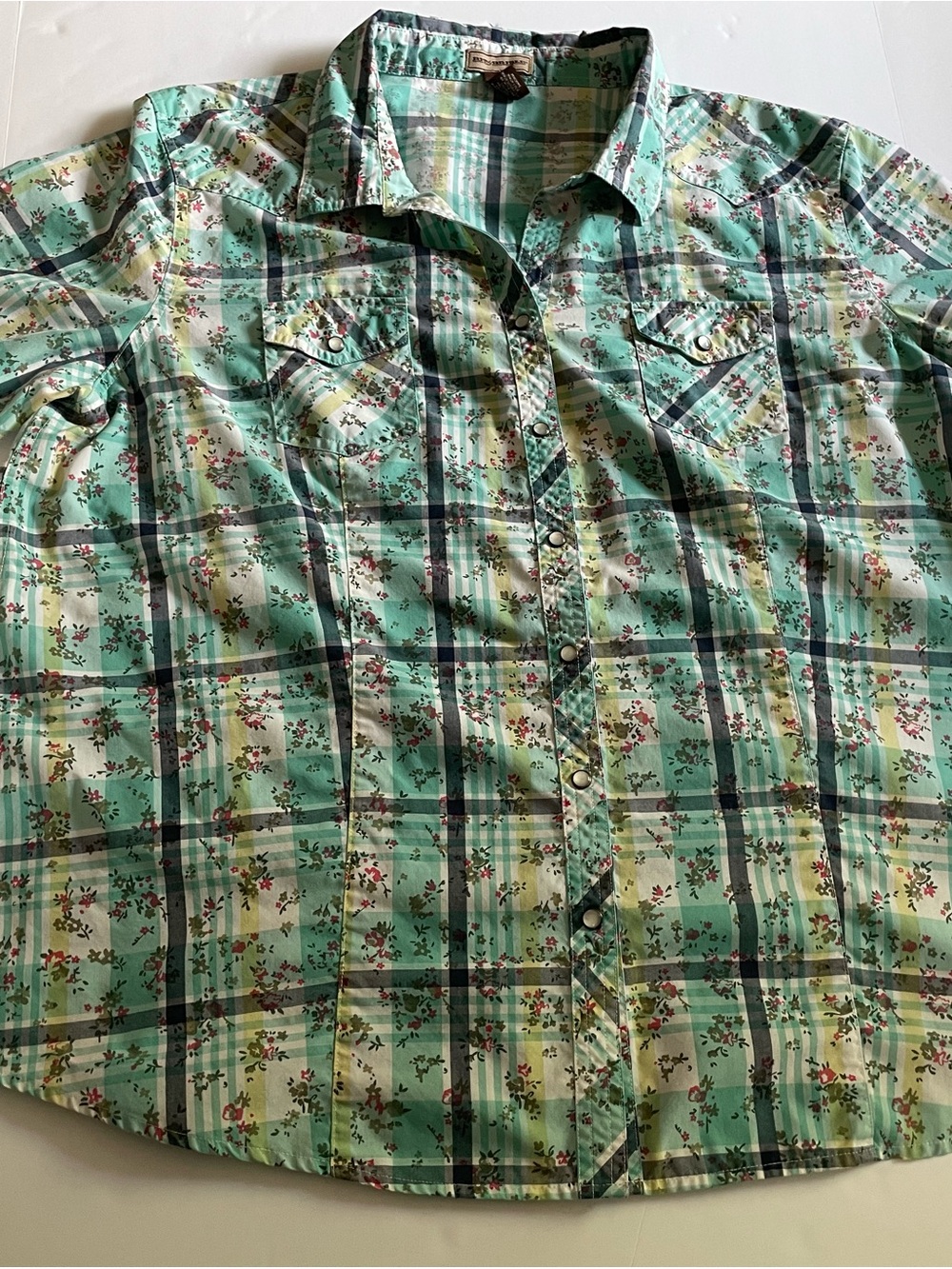 Bit & Bridle Mint Green Plaid Button-Down Shirt with Floral Print